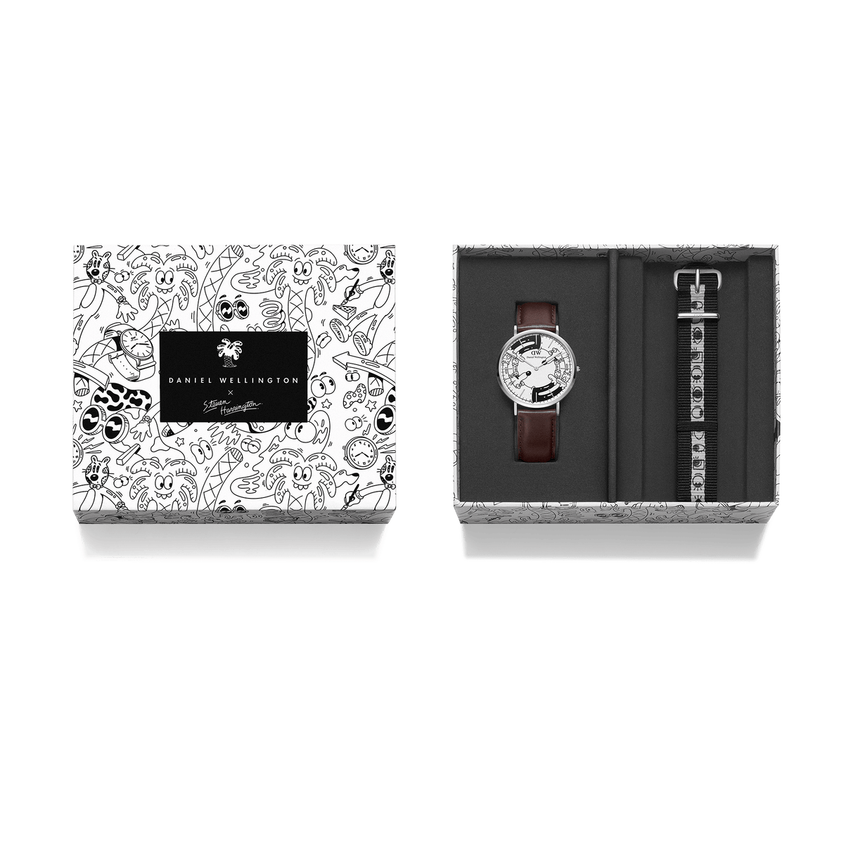 Steven Harrington x Daniel Wellington Bristol BW dial & Strap Silver set presented in exclusive illustrated packaging, featuring a brown leather strap watch and an interchangeable black and white NATO strap with eye-print motif.