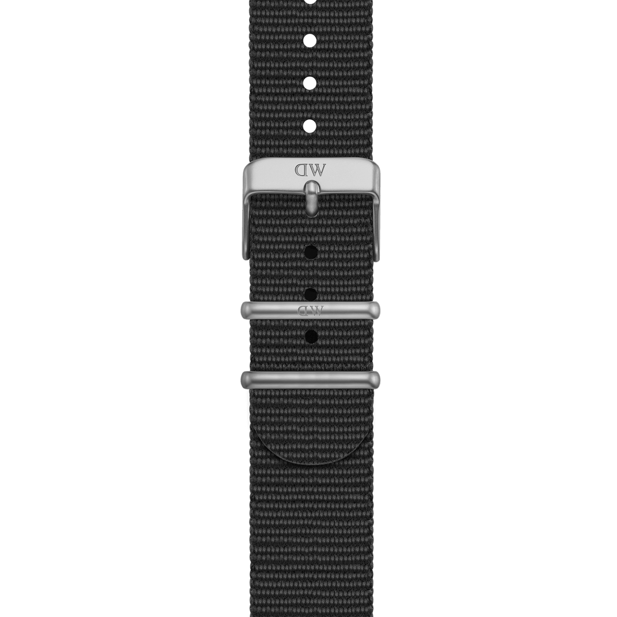 Close-up of the Smartwatch Strap Nato Silver showing the black recycled polyester nato strap, silver buckle, and multiple adjustment holes for a secure and comfortable fit on Apple Watch.
