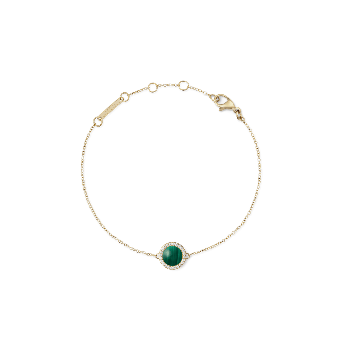 Delicate gold bracelet featuring a slim adjustable chain, a round green malachite centrepiece framed by white cubic zirconia, and a secure lobster clasp.