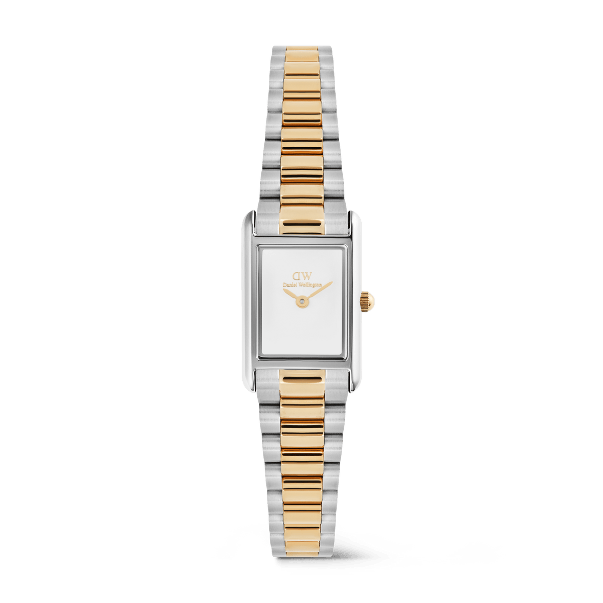 Rectangular ladies watch with a minimalist white dial, featuring a two tone silver and rose gold three-link bracelet and a slim, elegant design.