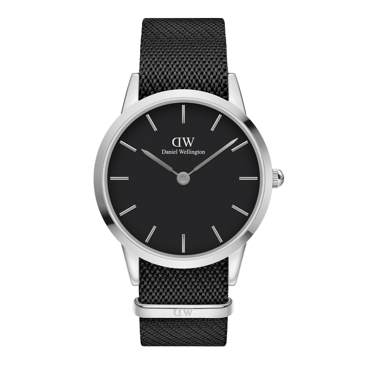 Classic Daniel Wellington Iconic Black NATO Black Dial watch with a minimalist black dial, polished silver case, and textured black NATO strap, featuring slim hour markers and a clean, modern design.