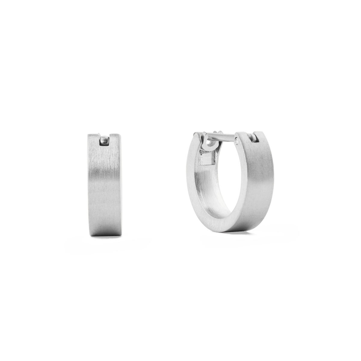 A pair of small brushed silver hoop earrings with a 3.5 mm width, featuring a modern, minimalist design and secure latch-back closure, crafted from stainless steel.