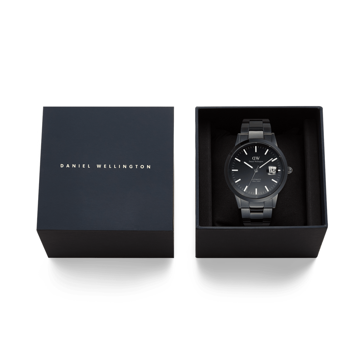 Daniel Wellington Iconic Link Automatic Black watch with a black stainless steel bracelet, presented in its branded gift box with the lid beside it.