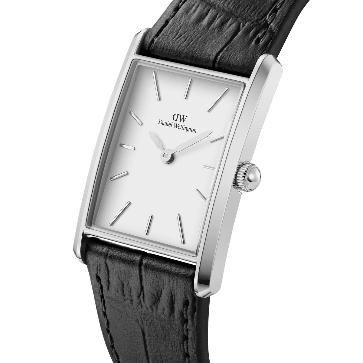 Bound Black Crocodile Silver watch with a rectangular stainless steel case, minimalist white dial, and black crocodile-embossed leather strap, highlighting its elegant and timeless design.