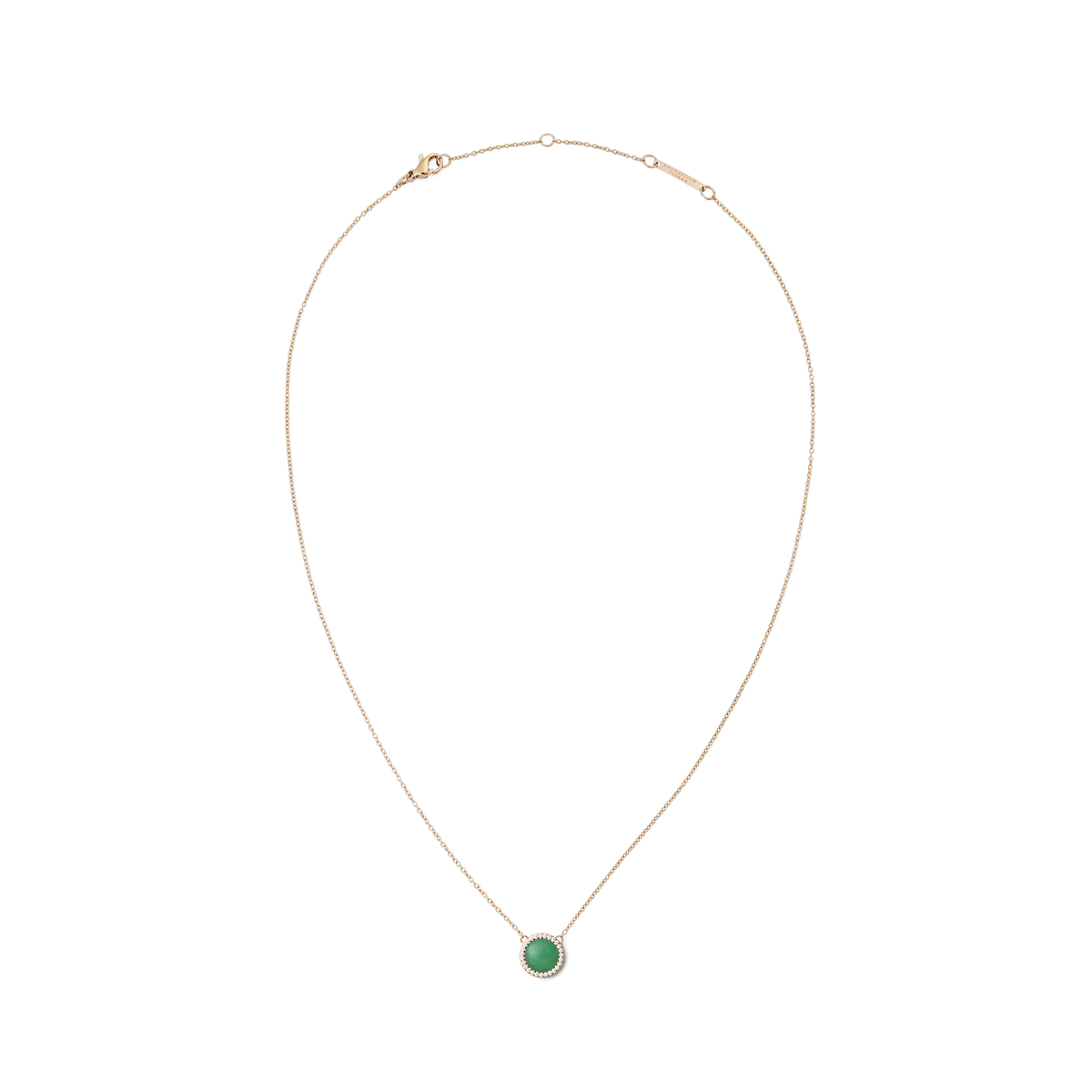 Rose gold necklace with a fine adjustable chain, featuring a round green jade pendant framed by a halo of white cubic zirconia crystals.
