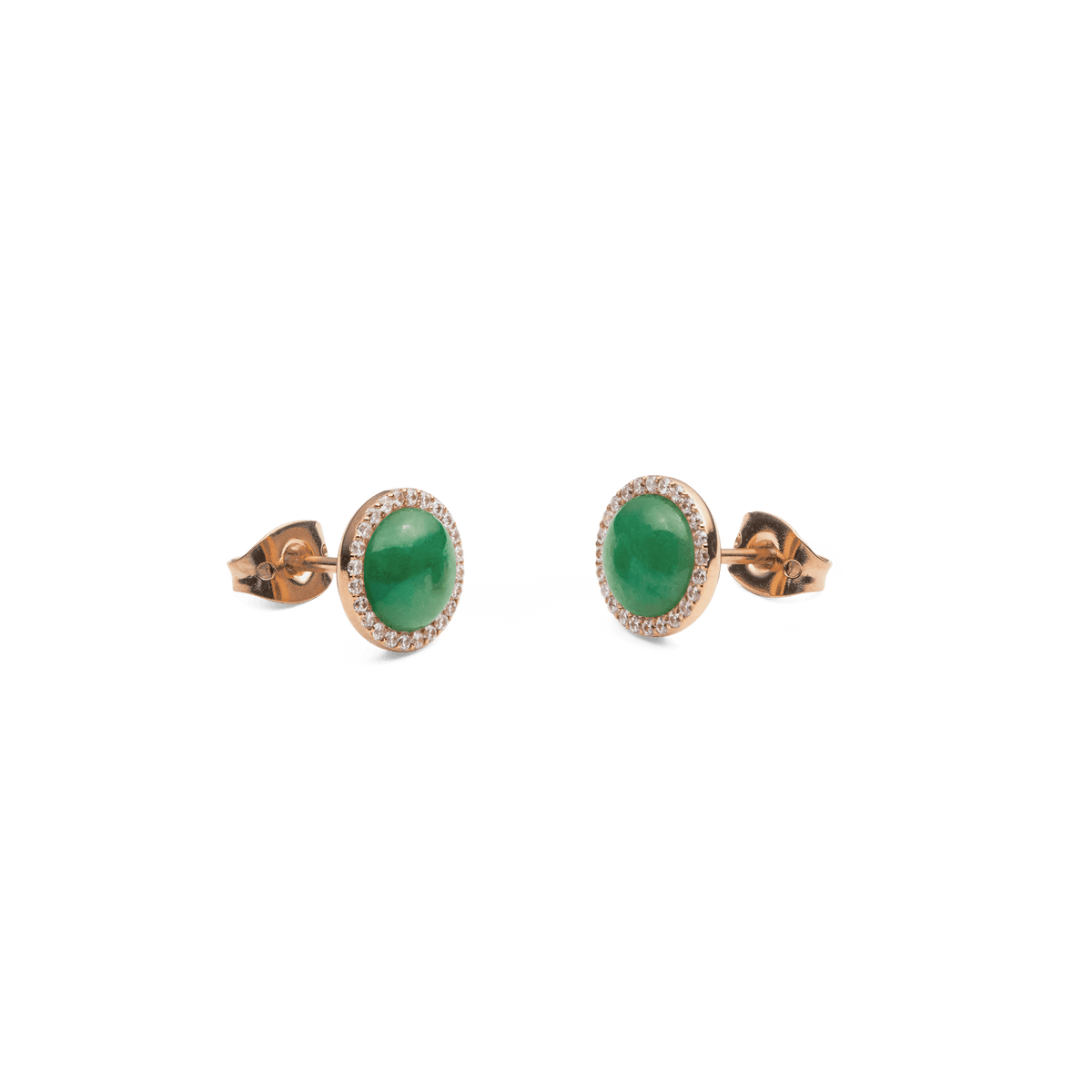 Daniel Wellington Audrey Earrings Jade Rose Gold featuring domed green jade stones, surrounded by white cubic zirconia halos and finished with rose gold butterfly clasps.
