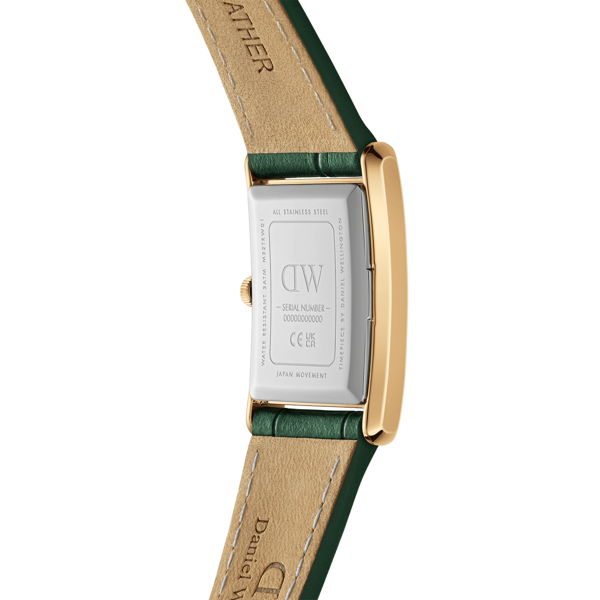 Close-up of the Bound Crocodile Champagne Sunray Gold watch showing the stainless steel case back, gold rectangular frame, and green crocodile-pattern genuine leather strap with visible stitching.
