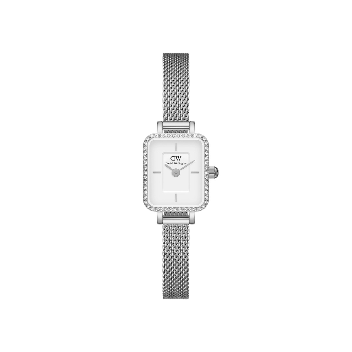 Quadro Mini Lumine Bezel Silver ladies watch with a rectangular white dial, crystal-studded bezel, and an adjustable silver mesh strap, designed for small wrists and everyday elegance.