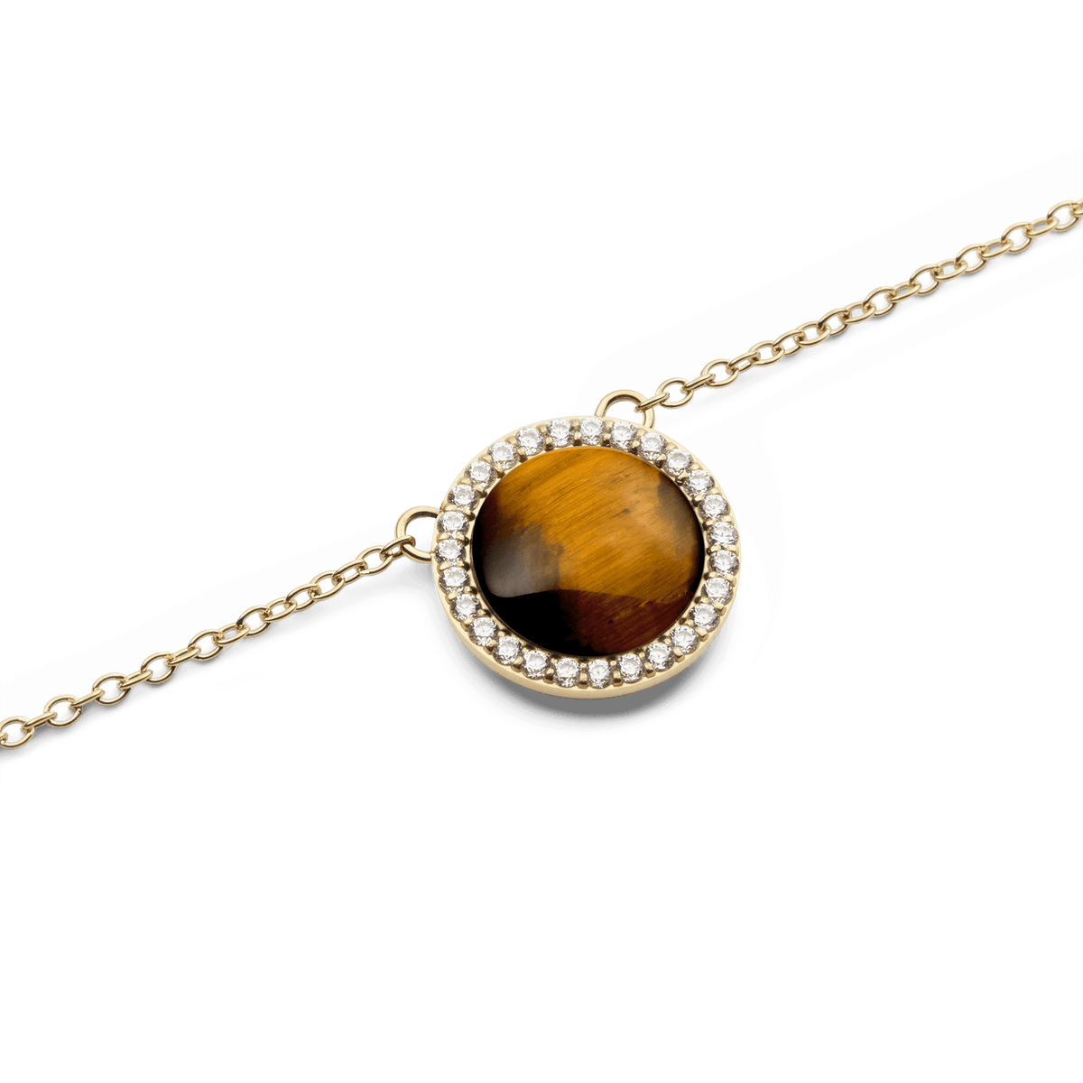 Close-up of the Audrey Necklace Tiger Eye Gold pendant, showcasing a polished tiger eye stone surrounded by a halo of sparkling white cubic zirconia crystals on a fine gold chain.