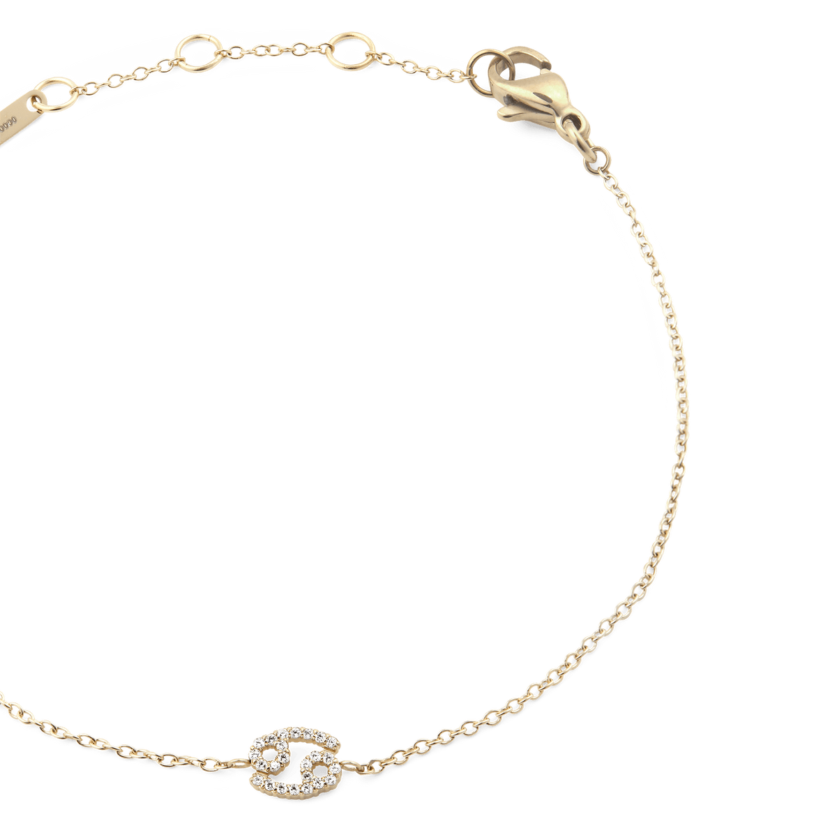 Gold chain bracelet with an adjustable clasp, featuring a Cancer zodiac charm set with sparkling crystals and a slim, elegant design.