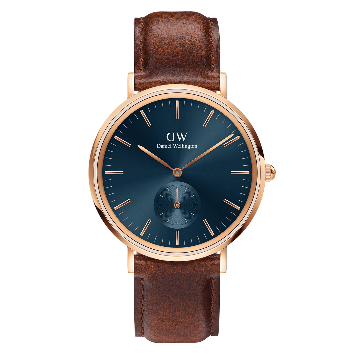 Classic Multi-Eye St Mawes Arctic Rose Gold men's watch featuring a round rose gold case, minimalist blue dial with chronograph subdial, and a brown leather strap.