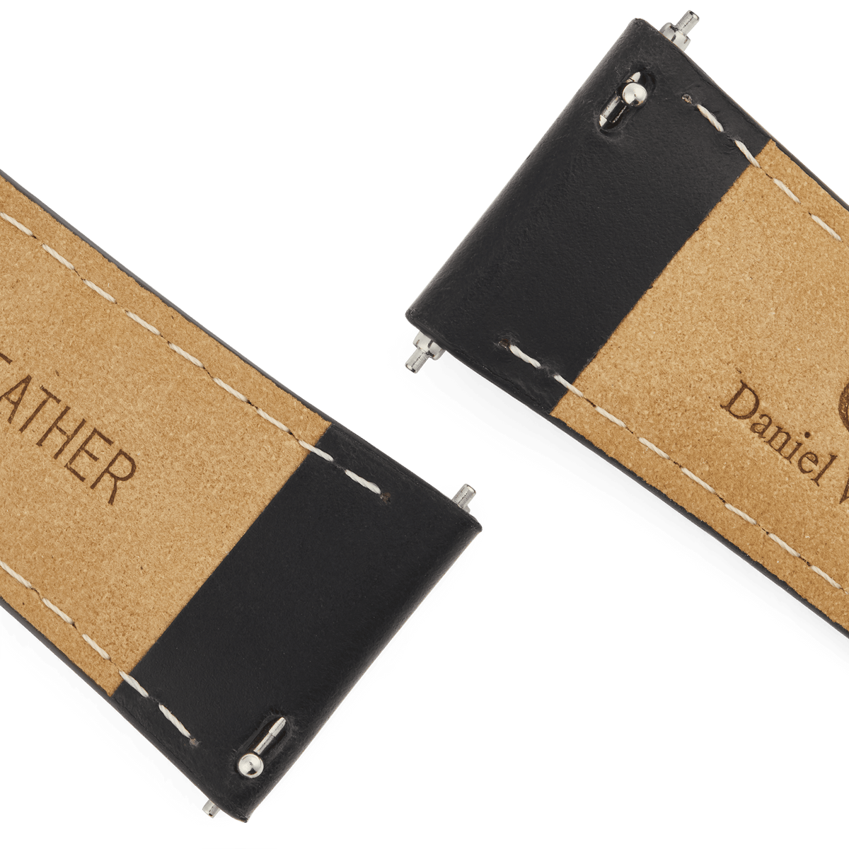 Close-up of the underside of the Tapered Sheffield Strap Gold, showing genuine leather material, white stitching, and quick-release connectors for easy attachment to a watch.