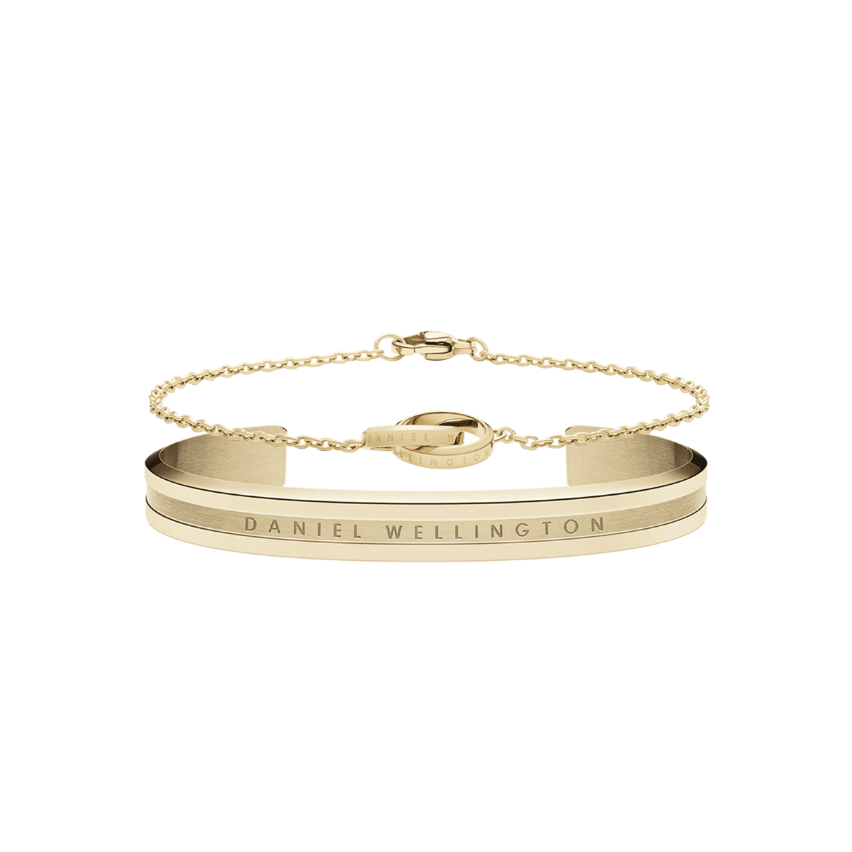 Elan Bracelet & Unity Gold set featuring a minimalist gold cuff with engraved branding and a delicate chain bracelet with interlocking rings, both in a polished gold tone.