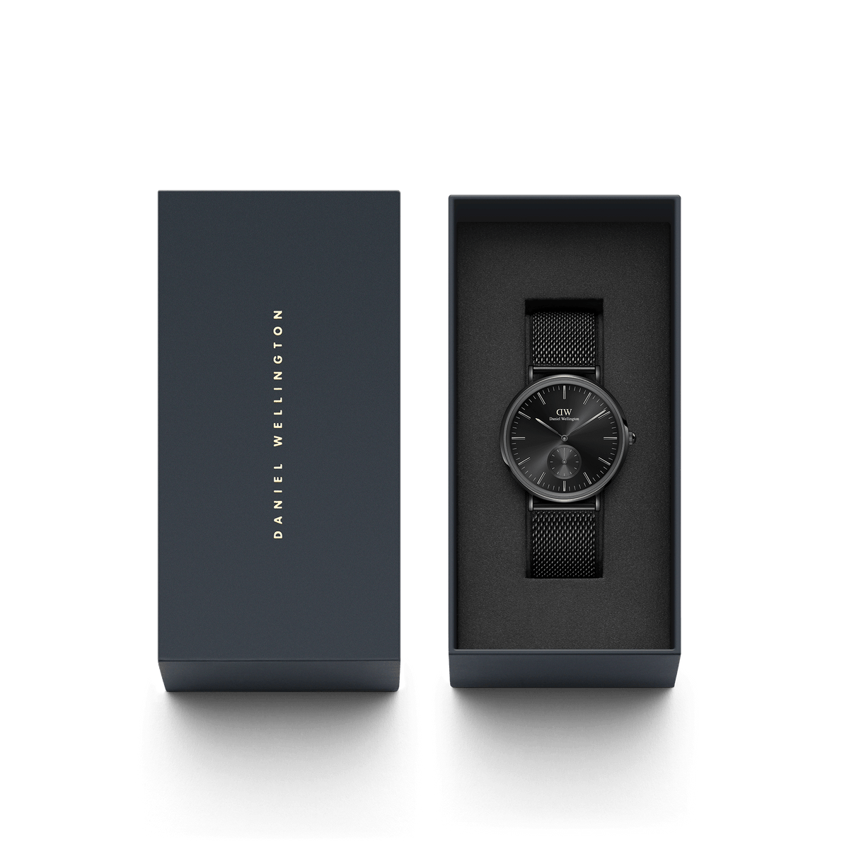 Classic Multi-Eye Ashfield Onyx men's watch with a black mesh strap, presented in a sleek Daniel Wellington gift box, ideal for gifting or special occasions.