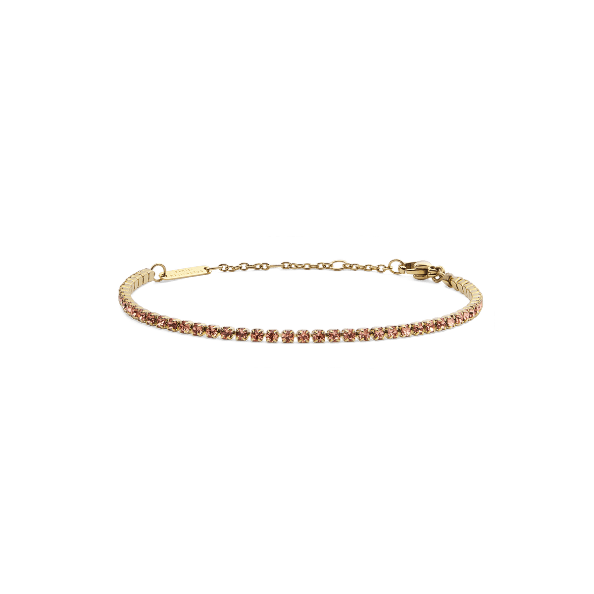 Slim gold tennis bracelet featuring a row of apricot-coloured crystals, adjustable with a lobster clasp and sizing rings for a secure, comfortable fit.
