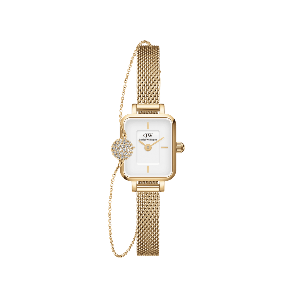 Quadro Mini & Pavé Crystal Gold Set featuring a slim gold mesh ladies watch with a rectangular white dial, paired with a delicate gold bracelet adorned with a pavé crystal sphere for a refined, coordinated look.
