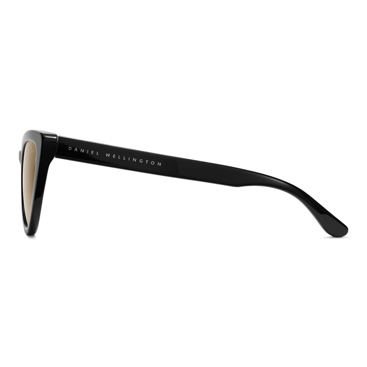 Lynx Bio-Acetate Black/Yellow sunglasses with a glossy black cat eye frame, yellow nylon lenses, and Daniel Wellington branding on the arm, highlighting the designer finish and sustainable materials.