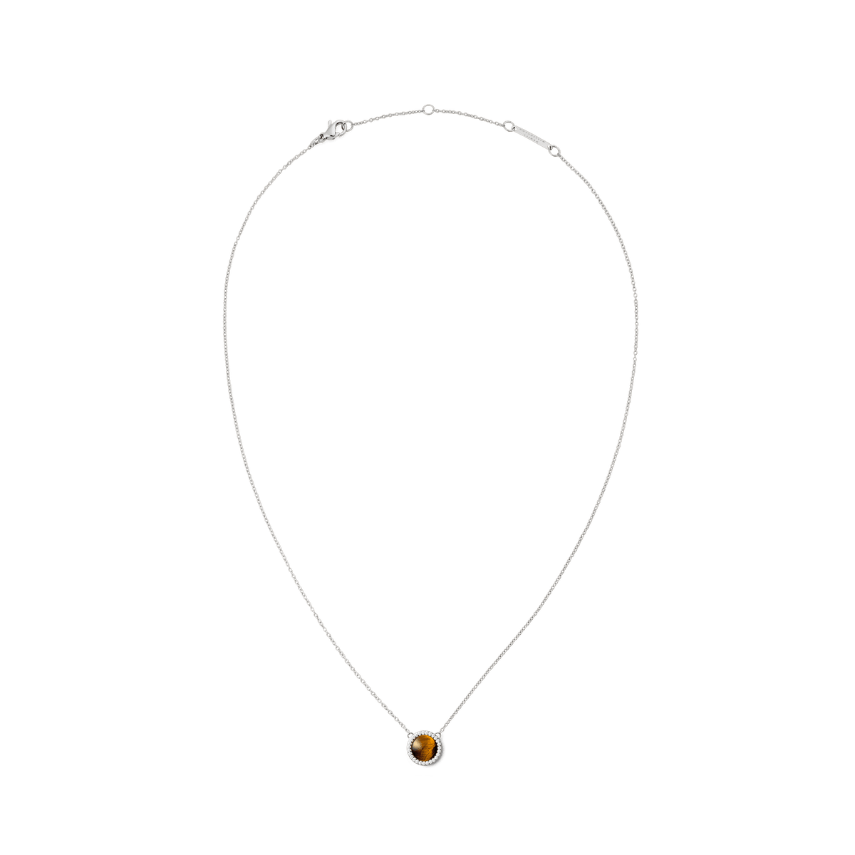 Silver necklace with an adjustable chain, featuring a domed tiger eye stone pendant surrounded by white cubic zirconia crystals.