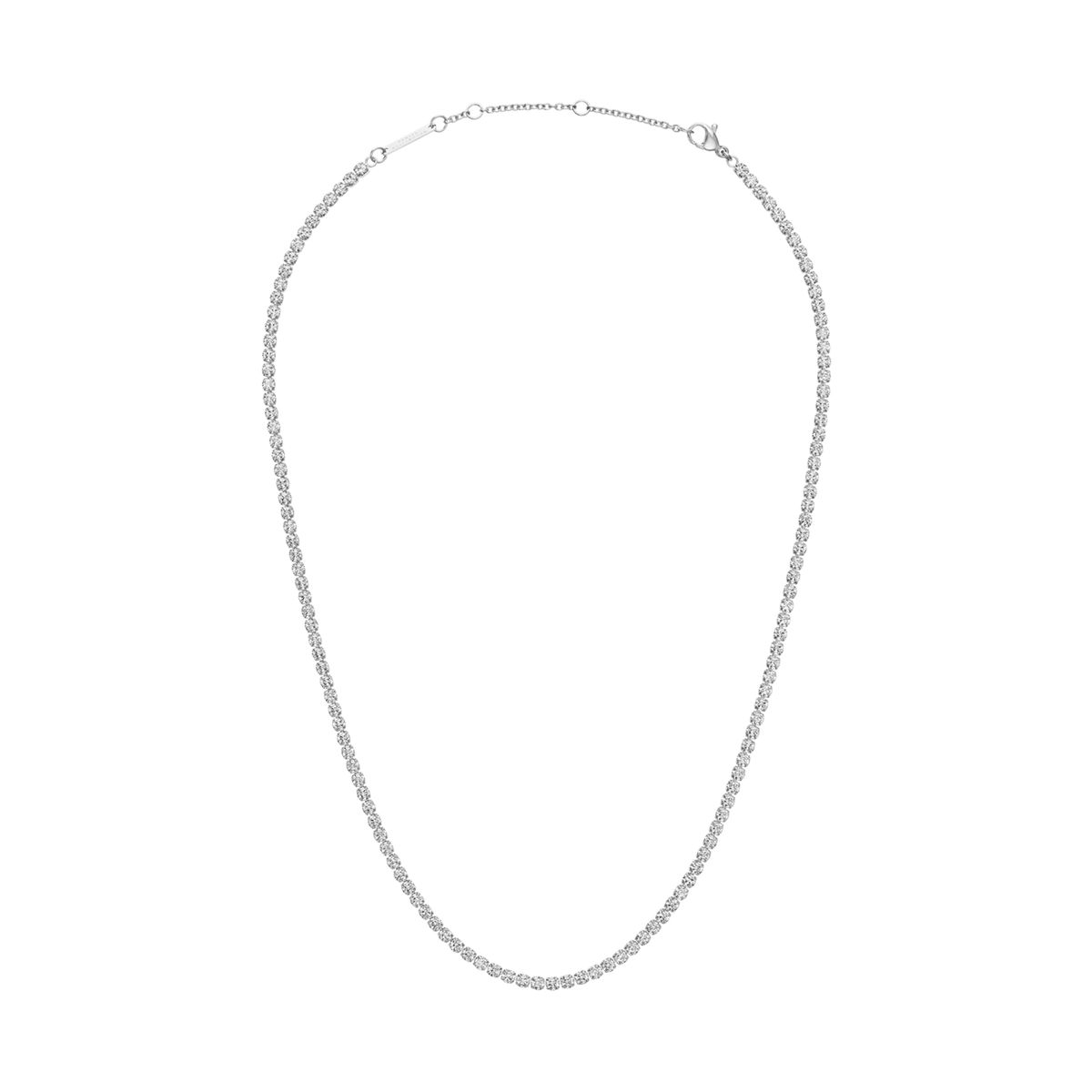 Classic Tennis Necklace Silver featuring individually set crystals and a sleek silver-plated finish, shown with an adjustable clasp for versatile styling.