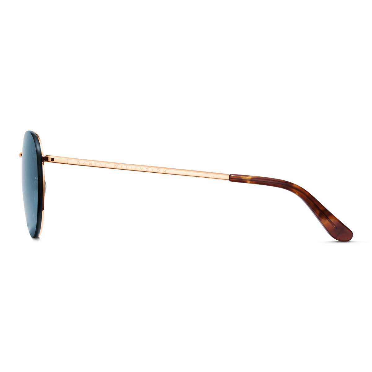 Side view of Arch Steel Blue Rose Gold sunglasses showing the slim rose gold plated stainless steel arm and tortoiseshell acetate temple tip, with blue UV400 lens.