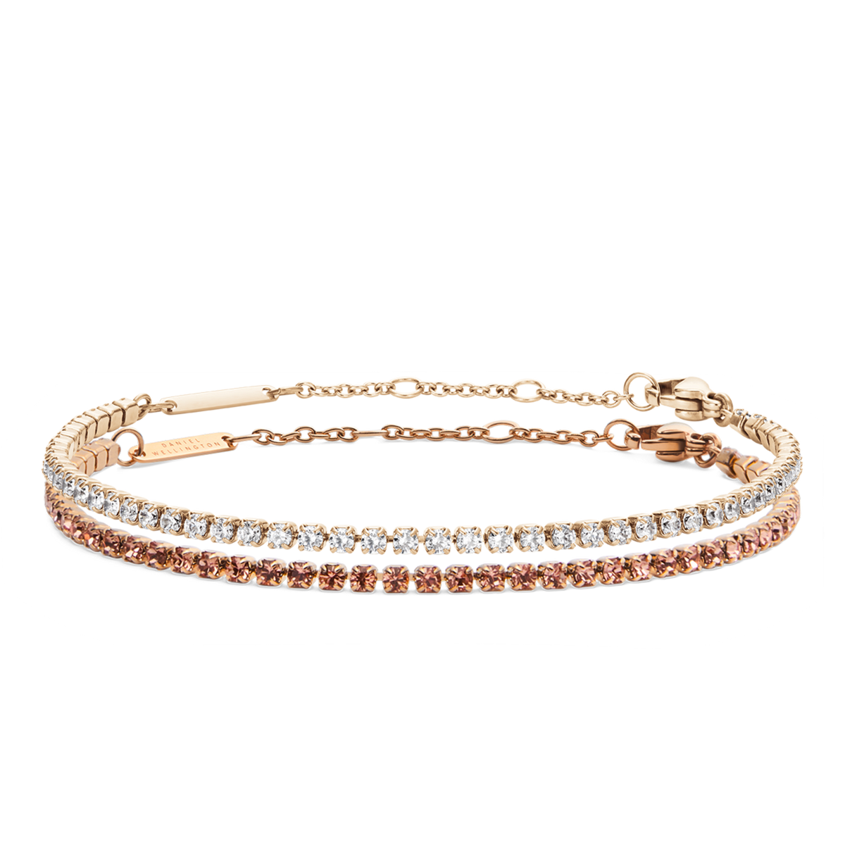 Two delicate tennis bracelets in a rose gold finish, one set with sparkling white stones and the other with apricot-toned crystals, featuring secure clasps and adjustable chains for a comfortable, elegant fit.