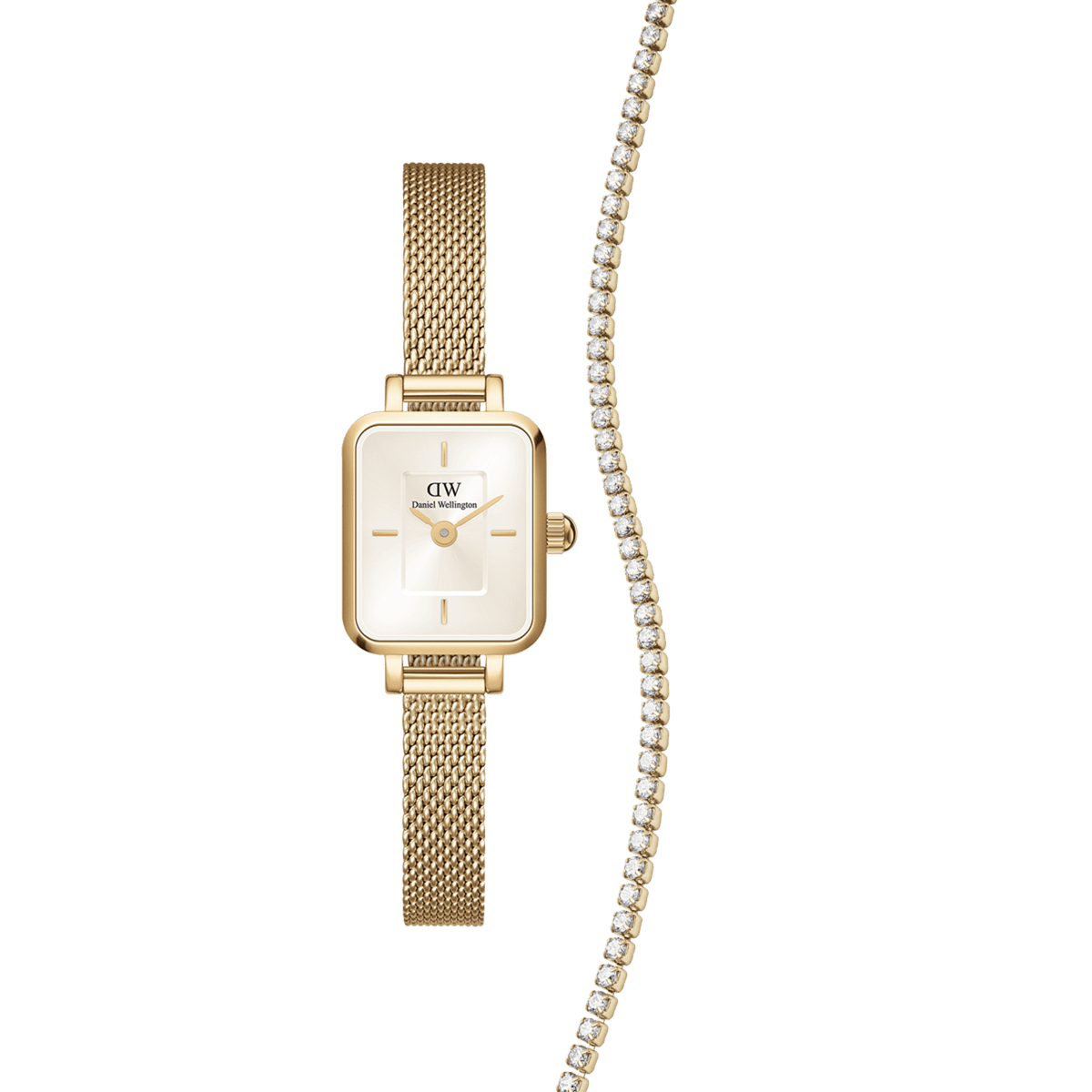 Rectangular gold mesh Daniel Wellington Quadro Mini watch with a champagne dial, paired with a gold tennis necklace featuring a row of sparkling crystals.