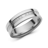 Polished silver Elan Ring Silver featuring clean lines, a classic band shape, and subtle engraved branding, crafted from stainless steel for a modern, minimalist look.