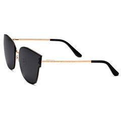 Steel Grande Rose Gold sunglasses featuring oversized square black lenses, slim rose gold plated stainless steel arms, and black acetate temple tips for a comfortable and stylish fit.