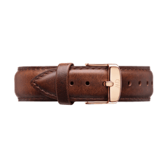 Brown genuine leather watch strap with a rose gold buckle, designed for the Classic St Mawes Black Rose Gold watch.