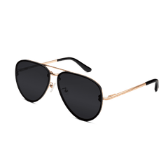 Avion Steel Rose Gold sunglasses with a rose gold plated stainless steel frame, black aviator lenses, slim arms, and black temple tips, shown at an angle to highlight the refined design and comfortable fit.