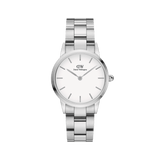 Iconic Link Silver watch by Daniel Wellington with a brushed stainless steel bracelet, minimalist eggshell white dial, and slim silver hour markers, ideal for both men and women.