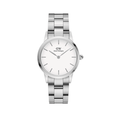 Iconic Link Silver watch by Daniel Wellington with a brushed stainless steel bracelet, minimalist eggshell white dial, and slim silver hour markers, ideal for both men and women.
