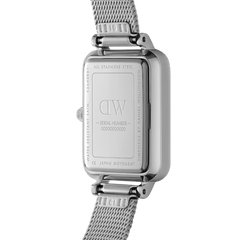 The back view of the Quadro Lumine Pressed Sterling highlights its polished stainless steel case, engraved details, and adjustable silver mesh bracelet, showcasing its durable construction and secure fit for daily wear.