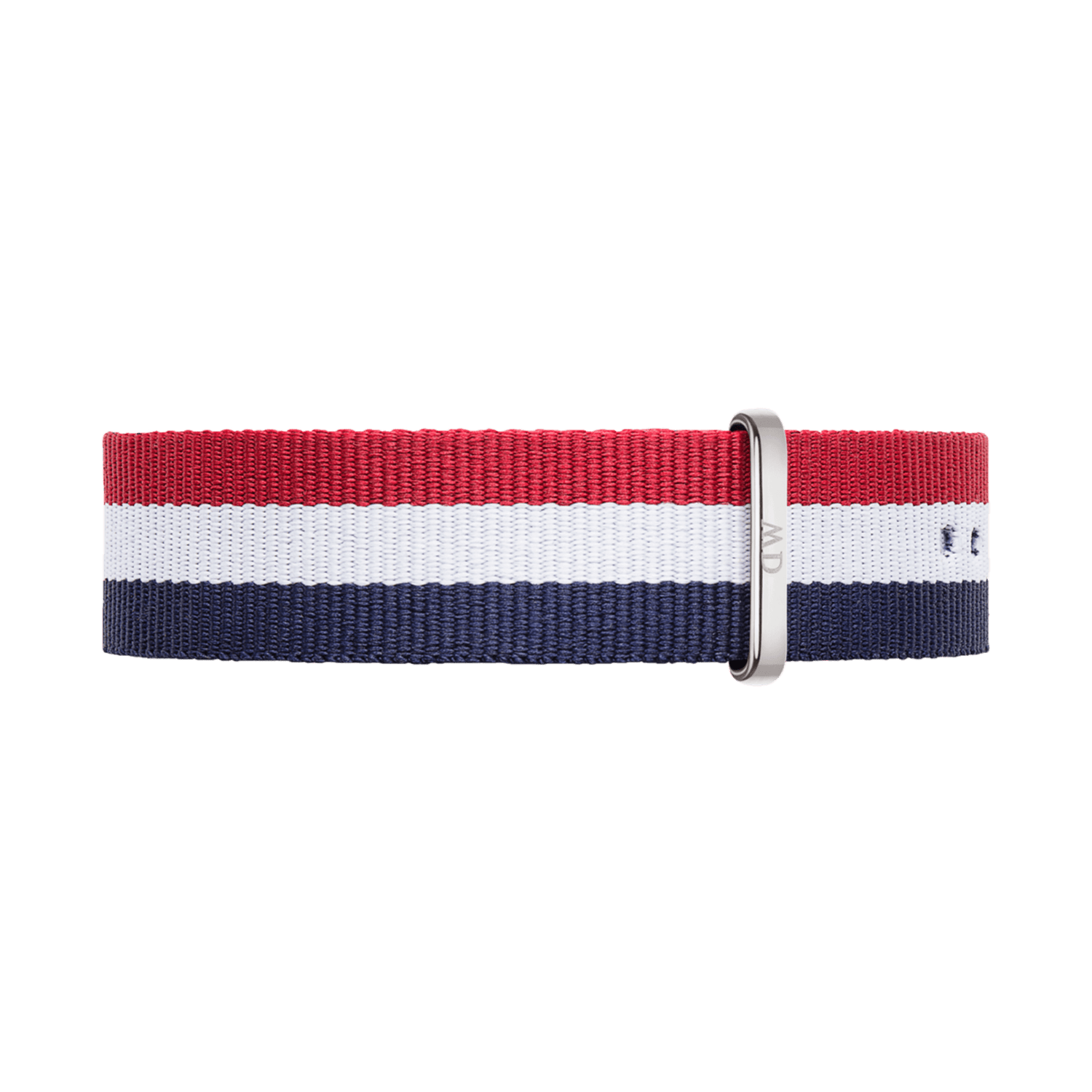 Cambridge Strap Silver features a 20mm NATO style watch strap in bold red, white, and blue stripes with a silver buckle, crafted from durable polyester for a comfortable and stylish fit.