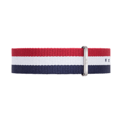 Cambridge Strap Silver features a 20mm NATO style watch strap in bold red, white, and blue stripes with a silver buckle, crafted from durable polyester for a comfortable and stylish fit.