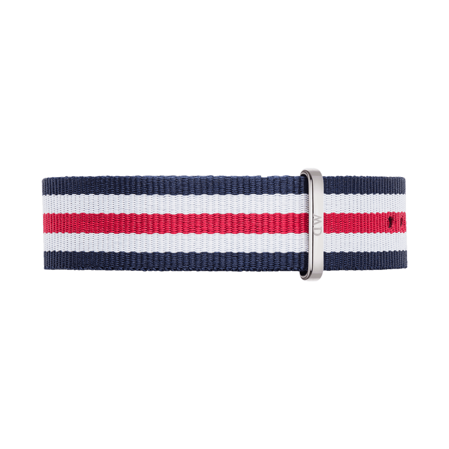 NATO style watch strap in navy, white, and red stripes with a polished silver buckle, made from durable polyester for a comfortable and flexible fit.