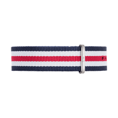 NATO style watch strap in navy, white, and red stripes with a polished silver buckle, made from durable polyester for a comfortable and flexible fit.