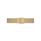 Pressed Evergold Strap Gold features a slim, 10mm gold mesh design with a pressed texture and a fold-over clasp, offering a refined and elegant look for smaller watch dials. The stainless steel mesh construction ensures comfort and breathability, making it ideal for daily wear.