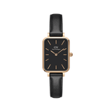 Quadro Pressed Sheffield B 29x36,5 Rose Gold ladies watch featuring a rectangular black dial, rose gold case, and slim black leather strap, showcasing a minimalist and elegant design suitable for everyday wear.