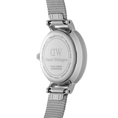 Close-up of the Petite Pressed Sterling ladies watch showing the engraved stainless steel case back, mesh strap, and serial number, highlighting its quality craftsmanship and attention to detail.