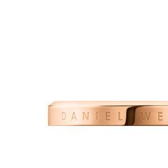 Close-up of the Classic Ring Rose Gold showing the engraved branding detail on the polished rose gold band, highlighting its minimalist and elegant finish.