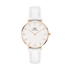 Petite Bondi Rose Gold women's watch with a slim white leather strap, minimalist eggshell white dial, and rose gold case, featuring simple hour markers for a refined and modern look.