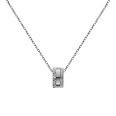 Elevation Necklace Silver featuring a bold geometric ring pendant with engraved detailing and a smooth, minimalist silver chain, designed for versatile everyday wear.