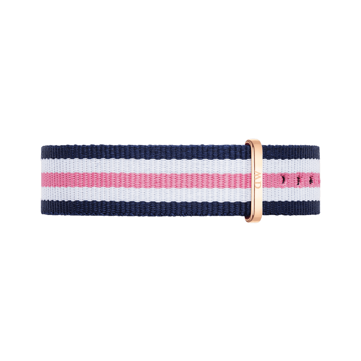 Navy, white, and pink striped NATO watch strap with a rose gold buckle, made from durable polyester for a comfortable and stylish fit.