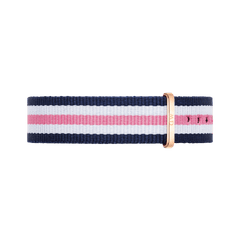 Navy, white, and pink striped NATO watch strap with a rose gold buckle, made from durable polyester for a comfortable and stylish fit.