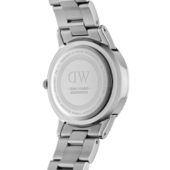 The back of the Iconic Link watch shows its polished stainless steel case and bracelet, featuring engraved branding, water resistance details, and a unique serial number for authenticity.