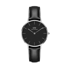 Petite Sheffield Black Silver watch featuring a minimalist black dial, slim black leather strap, and polished silver 32mm case, ideal for women seeking a refined and versatile accessory.