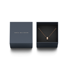 Elan Lumine Necklace Rose Gold displayed in an elegant Daniel Wellington gift box, featuring a rose gold chain with a crystal-embellished round pendant, ideal for gifting on special occasions.