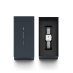 Quadro Studio ladies watch with a square eggshell white dial and silver piano link strap, elegantly presented in a branded gift box, perfect for gifting or adding to your collection.