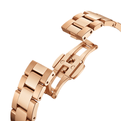 Open rose gold stainless steel link bracelet of the Iconic Link Pink Rose Gold ladies watch, showing the secure clasp mechanism and polished finish.